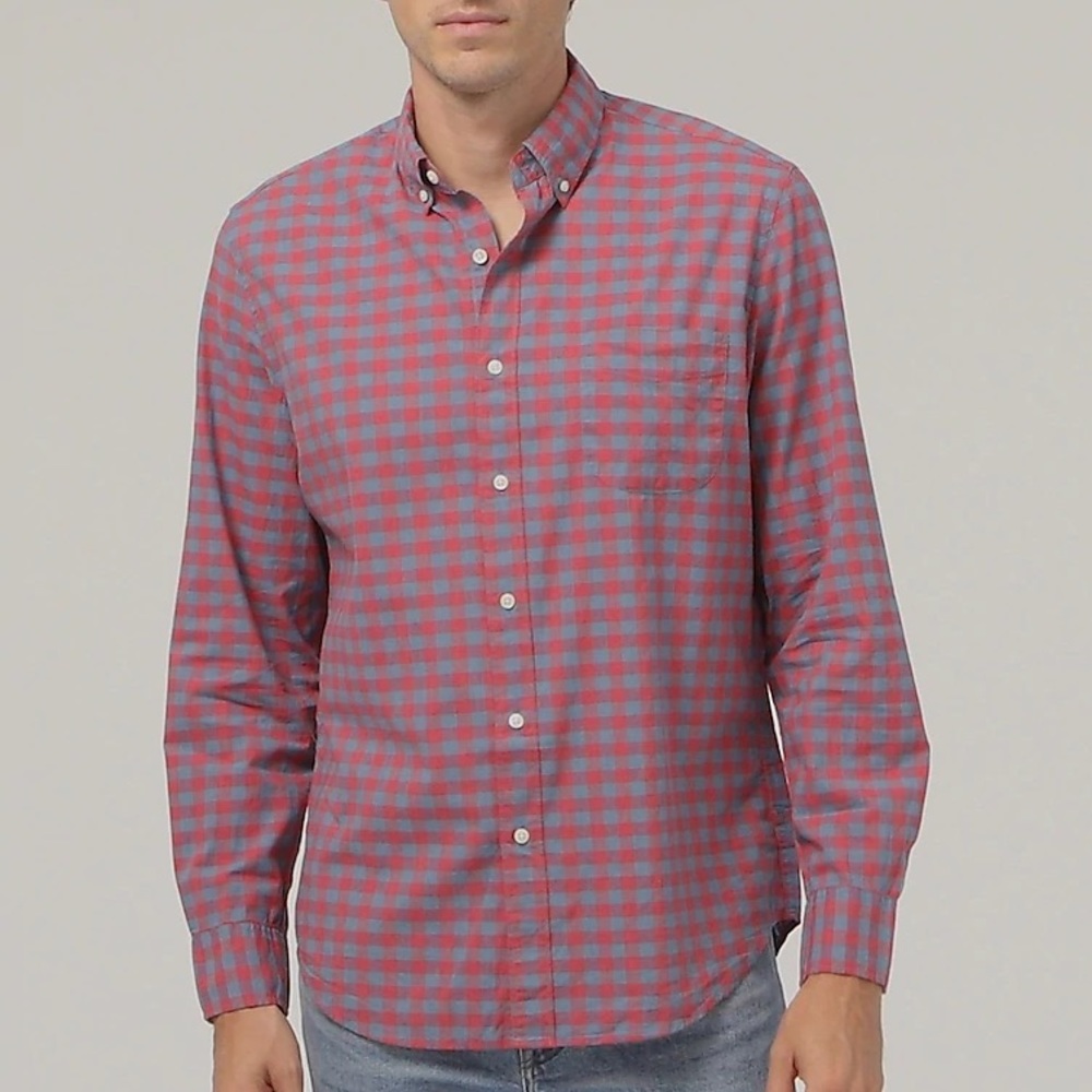 J Crew Men Check Flannel Print Red Blue Gingham Long Sleeve Classic Button Shirt